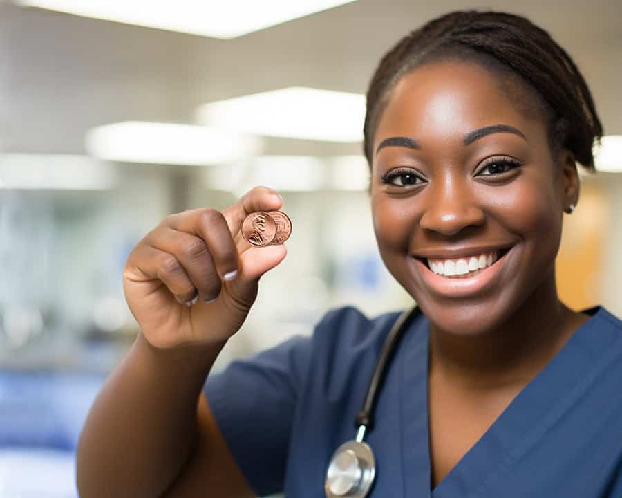 nurse holding two pennies