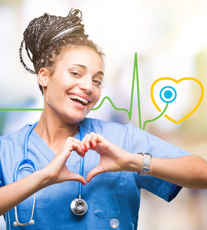 Happy Nurse member forming a heart with her hands