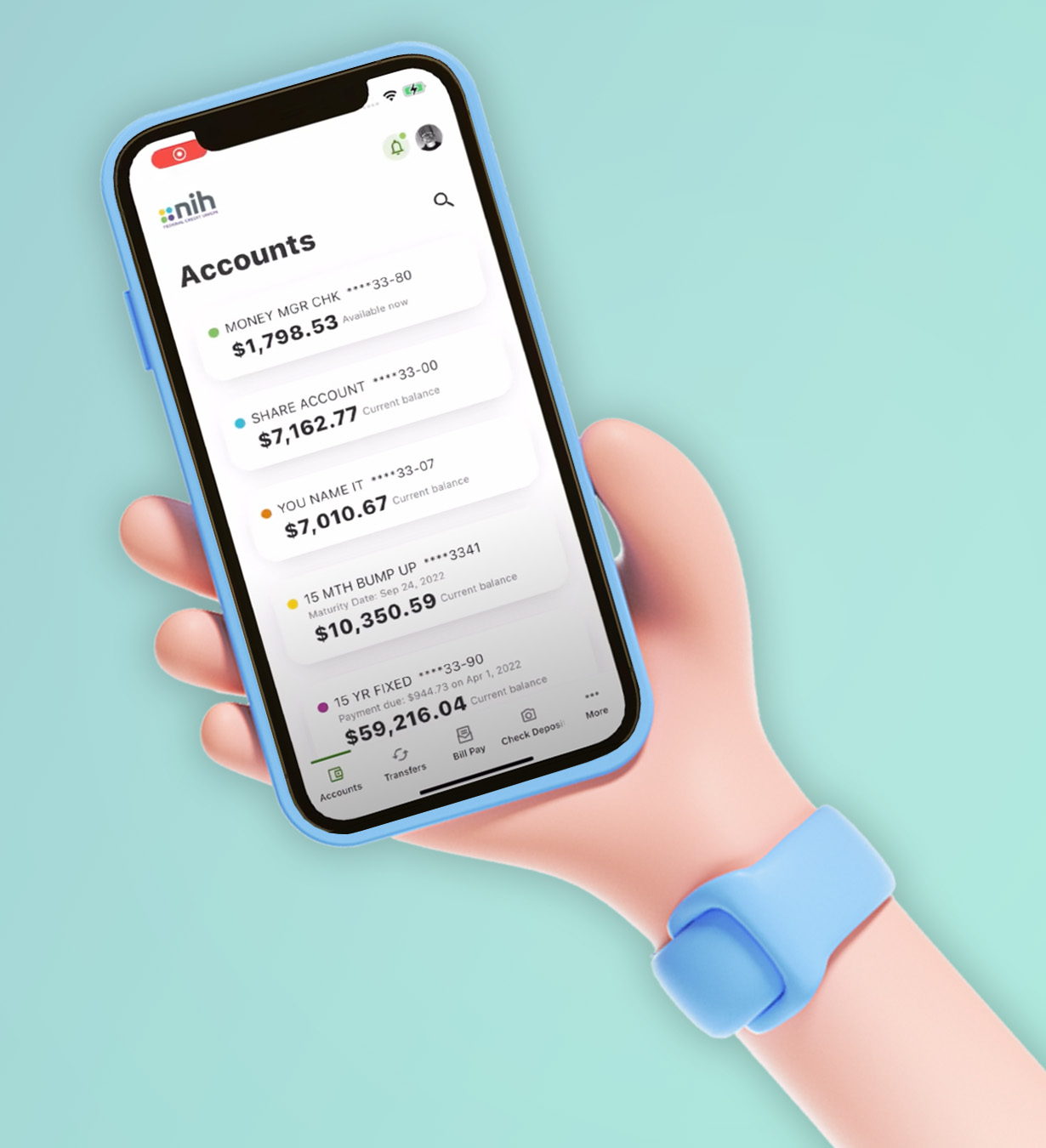 Hand holding a mobile phone displaying the NIHFCU mobile app