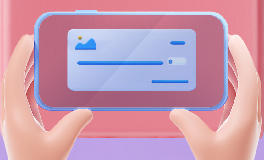 an illustration of two hands holding a mobile phone taking a photo of a check