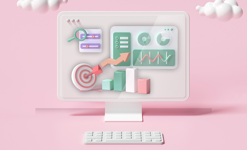 Graphic of desktop computer with charts and graphs on it.